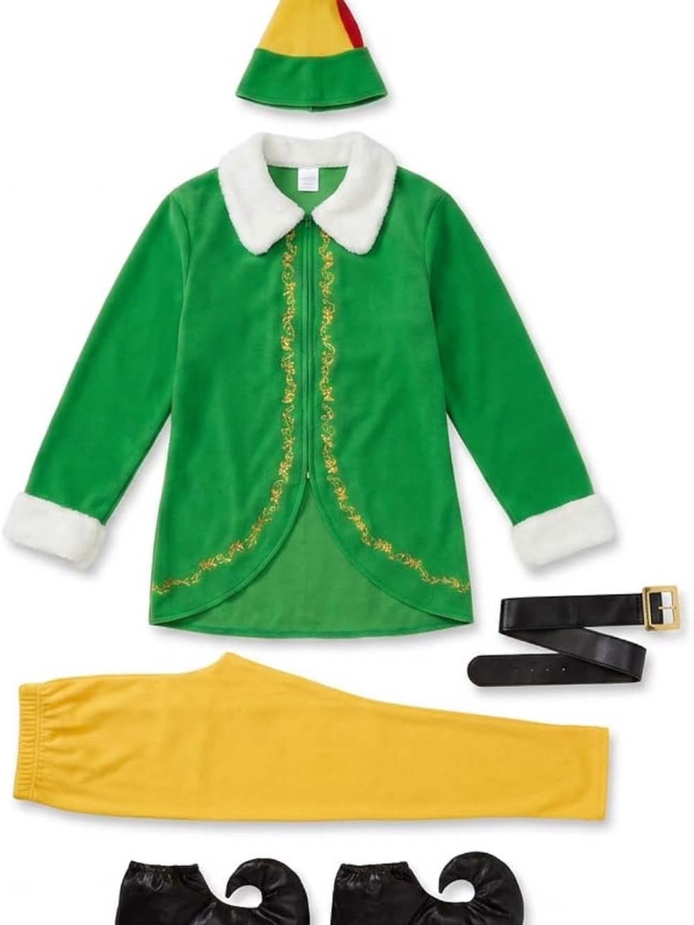 Adult Green & Yellow Elf Costume 7 Piece Set with Hat, Ears and Belt - NEW XL
